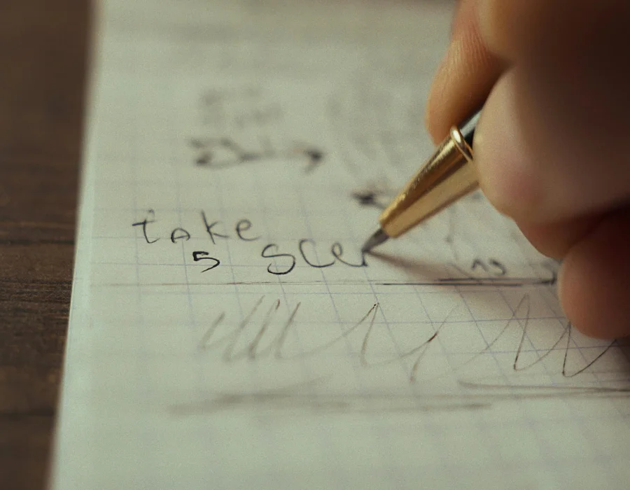 Adult writing by hand, showing the unsteady letter formation that can follow illness or injury
