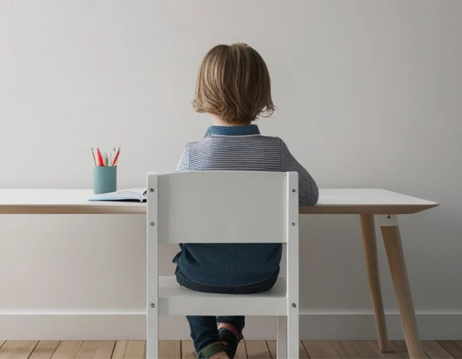Child seated at a correctly sized desk and chair, the seating setup that supports comfortable writing