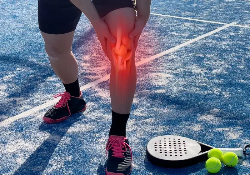 Athlete with knee pain on court requiring maintenance physiotherapy for a sports injury